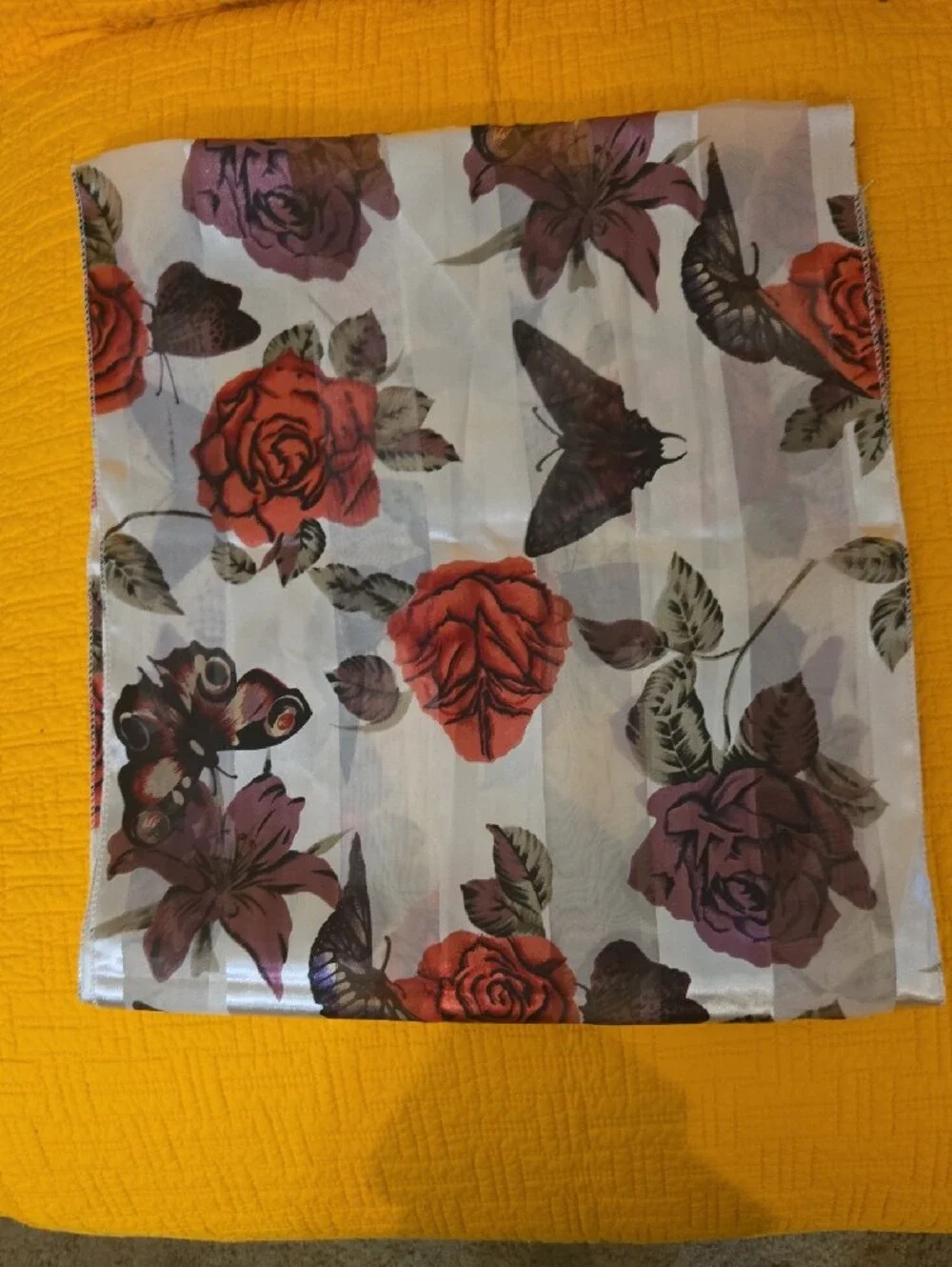 Floral and Butterfly Sheer Square Scarf - Red & Purple Roses